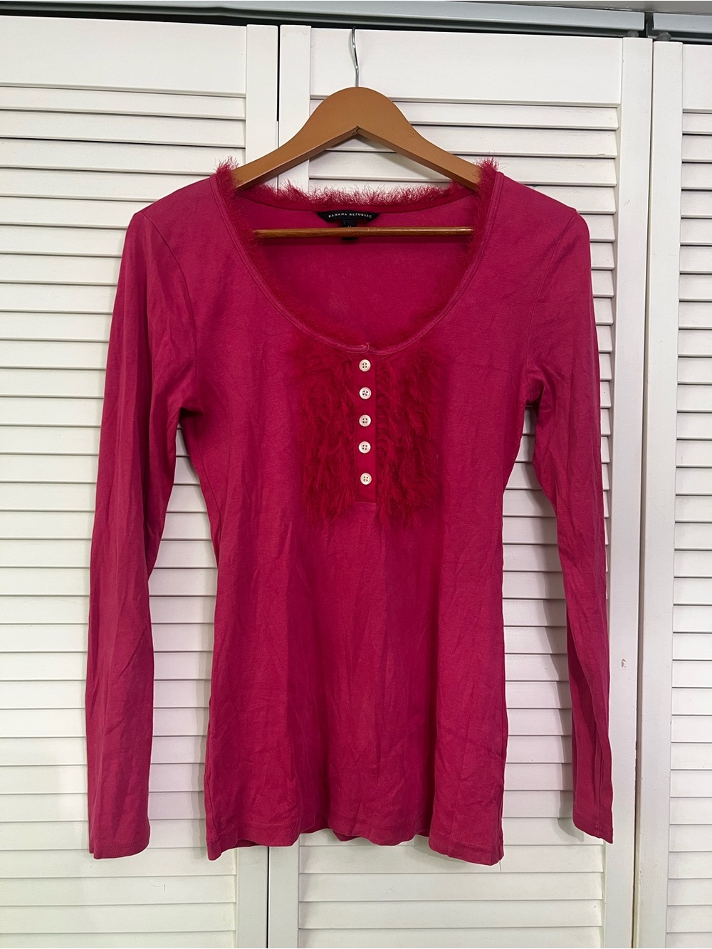 Banana Republic Hot Pink Long Sleeve Scoop Neck Top with Feather Trim